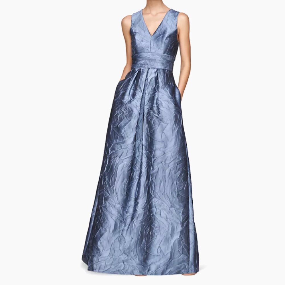NWT Kay Unger Mariah crinkle pleated v neck A line gown in Mediterranean Blue